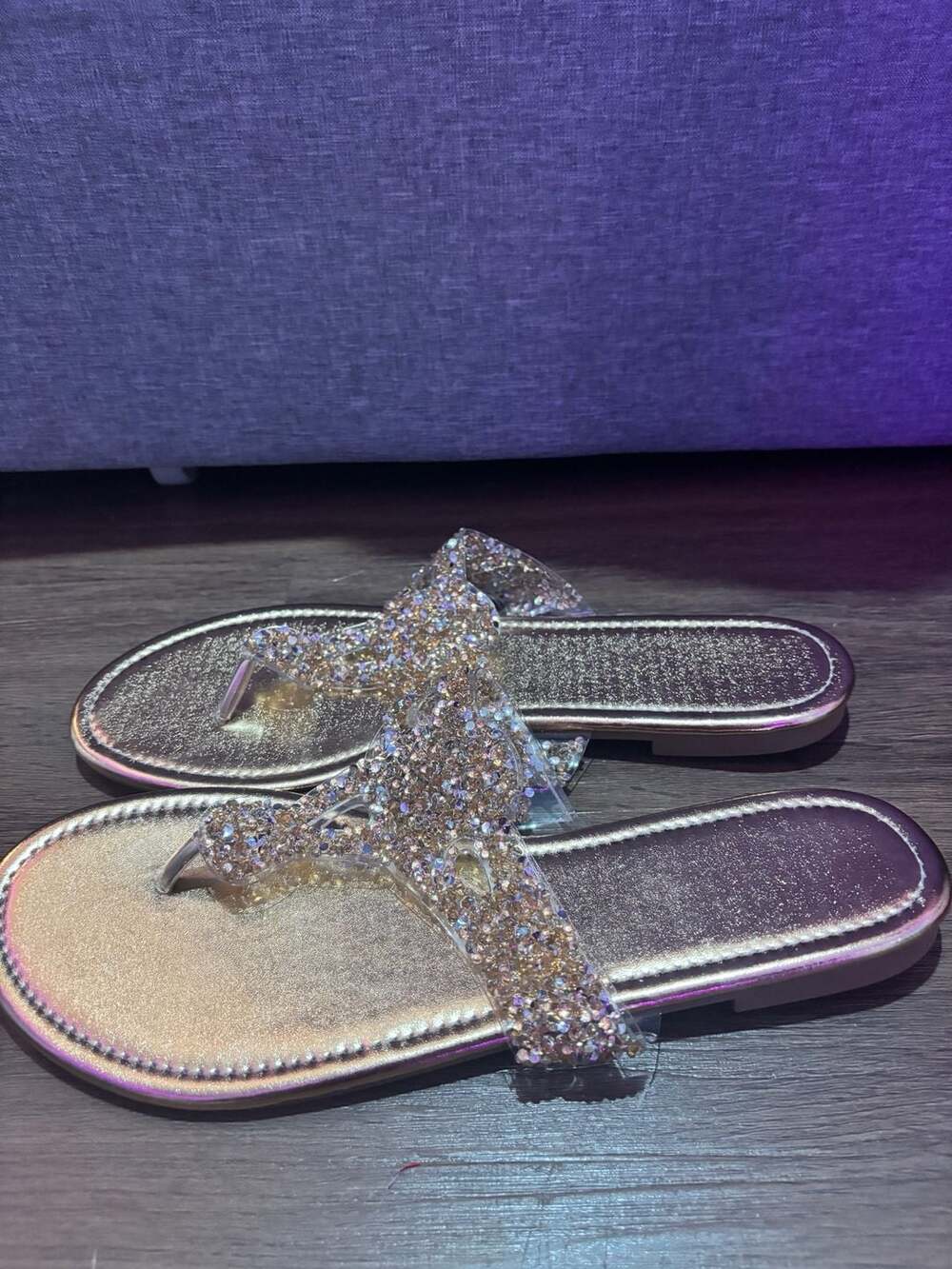 Rhinestone Jelly Slide Sandals Gold Flat Open Toe 11